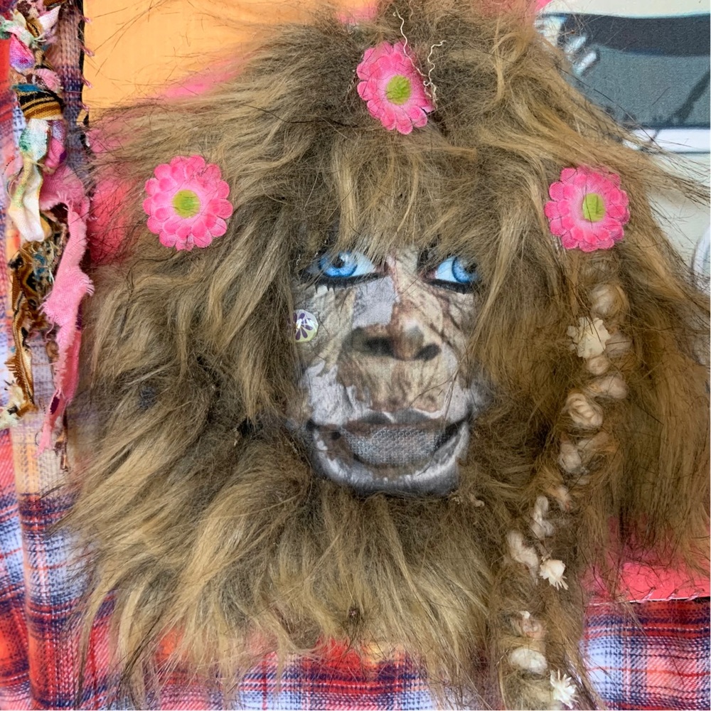 Upcycled Plaid Multicolor Boyfriend Shirt with Detachable Hip Bigfoot with Fur. - Picture 11 of 13